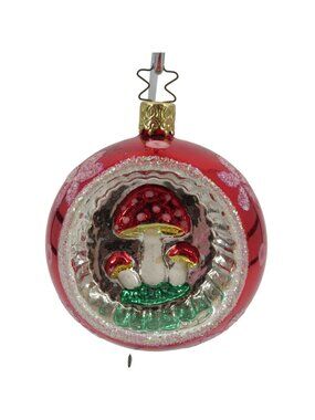 Inge Glas Mushrooms Reflector Red Silver Glittered Glass Ornament Christmas Xmas